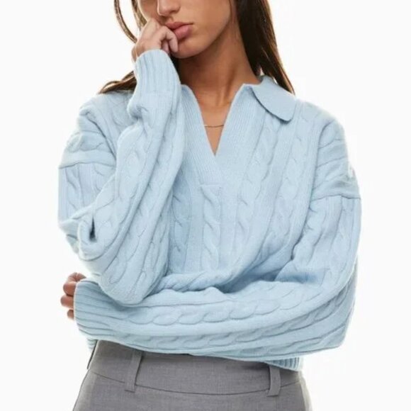 Aritzia Sunday Best Wool Lottie V-Neck Cable Knit Polo Sweater Light Blue XS - Picture 1 of 8